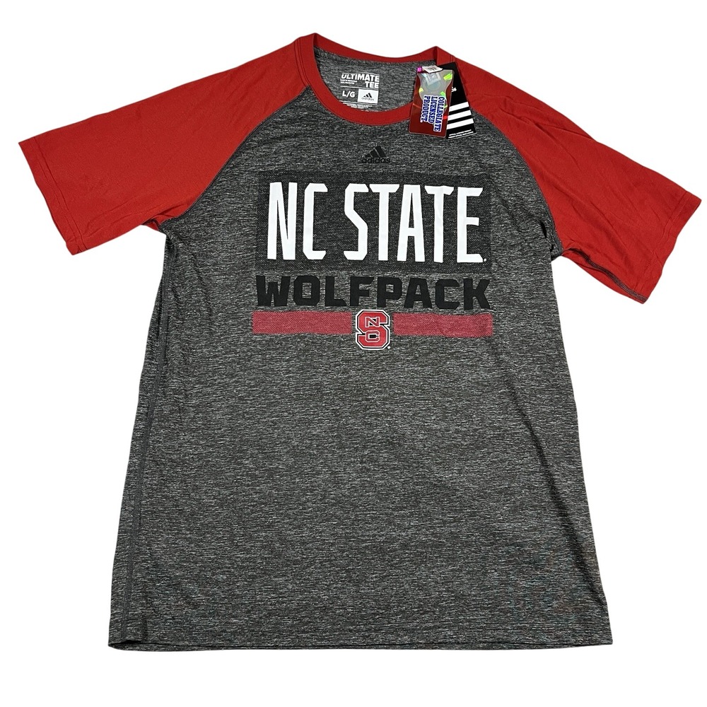 Adidas NC State Wolfpack Mens Ultimate Tee Gray Red Raglan Climalite Shirt L NWT